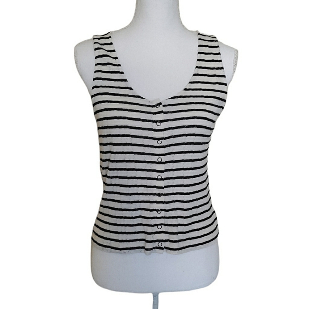 AEO Womens Tank Top Crochet Snap Front Navy Blue / Cream Striped Size Small